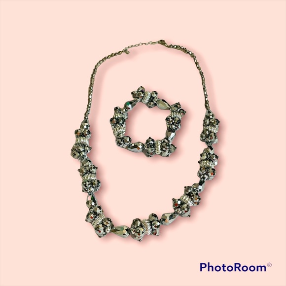 vintage Jewelry - VINTAGE Czech Glass Silver Faceted Beaded Necklace and Bracelet Jewelry Set